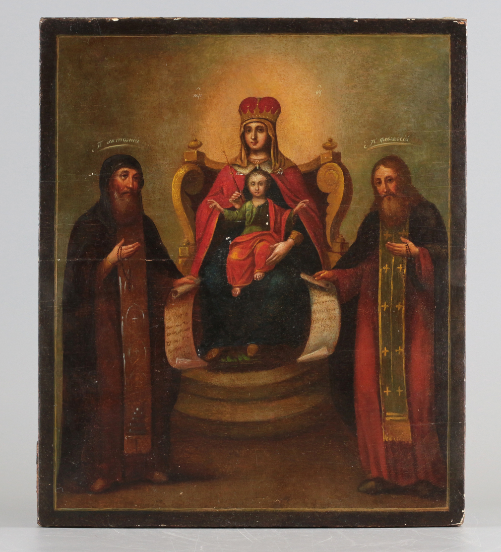 Икона Богородица на троне с предстоящими преподобными Антонием и Феодосием - фото - 2