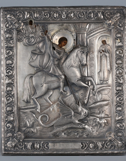 Икона Святой Георгий Победоносец в серебряном окладе - фото - 3